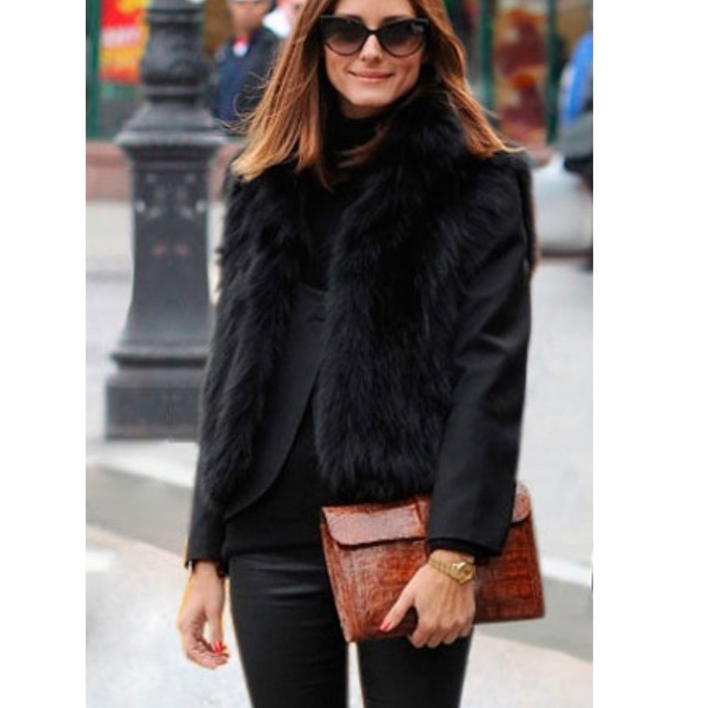 Black faux fur vest. Olivia Palermo styling.